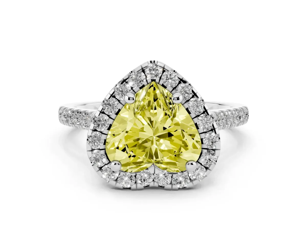 Fancy Yellow Heart Cut Diamond Cushion Halo Ring with Pavé Band Platinum