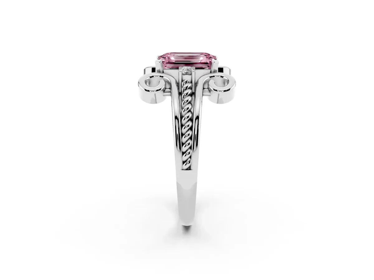 Fancy Pink Emerald Cut Solitaire Twisted Band Scroll Prong Ring Silver