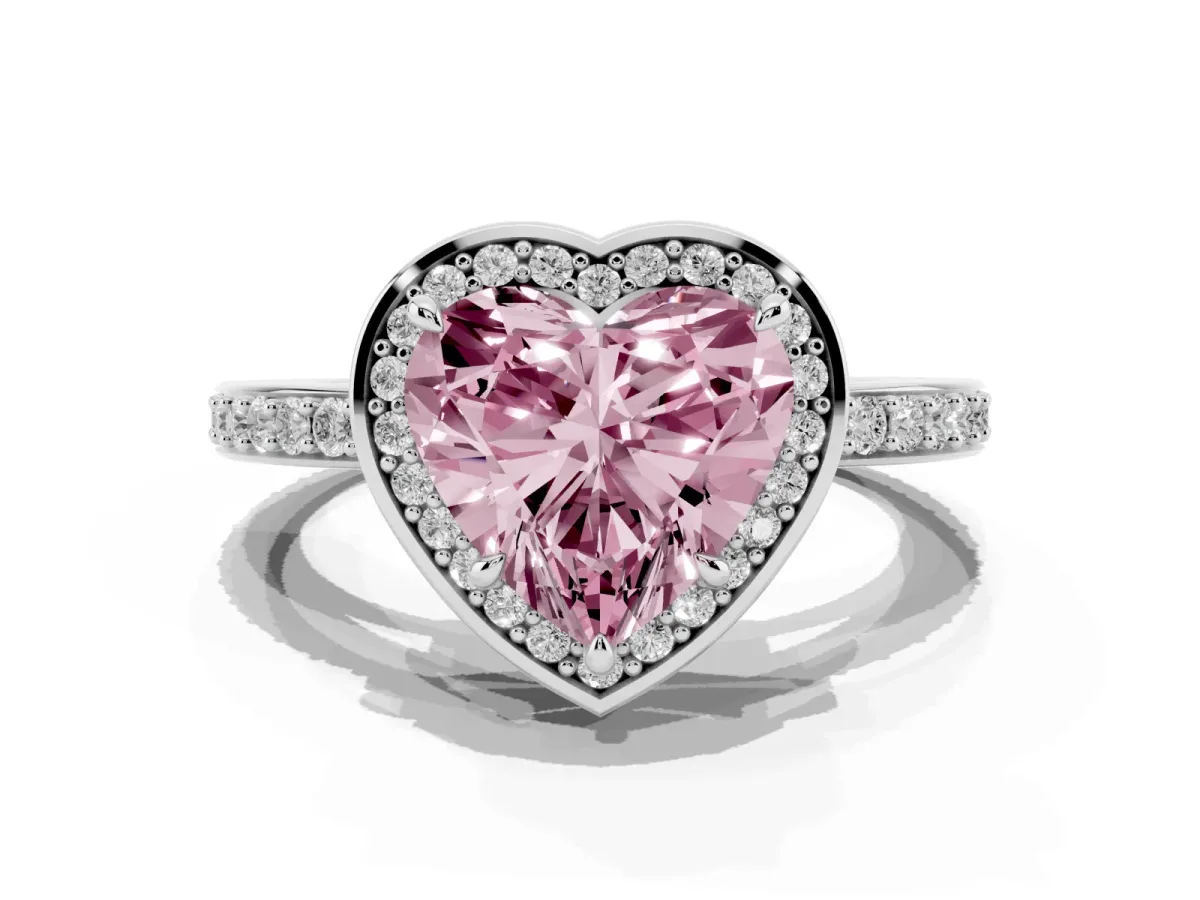 Fancy Pink Heart Cut Halo Pave Band Solitaire Ring with Prong Setting Silver