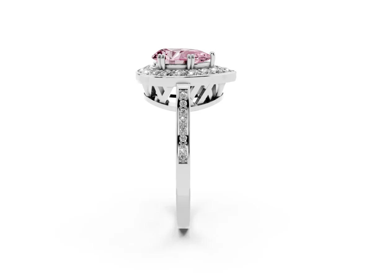 Fancy Pink Pear Cut Diamond Halo Ring with Split Shank and Four-Prong Setting Platinum