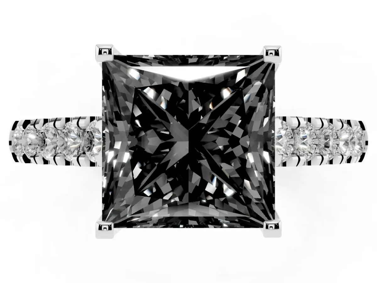 Fancy Black Princess Cut Diamond Pavé Band Solitaire Ring with Prong Setting Platinum