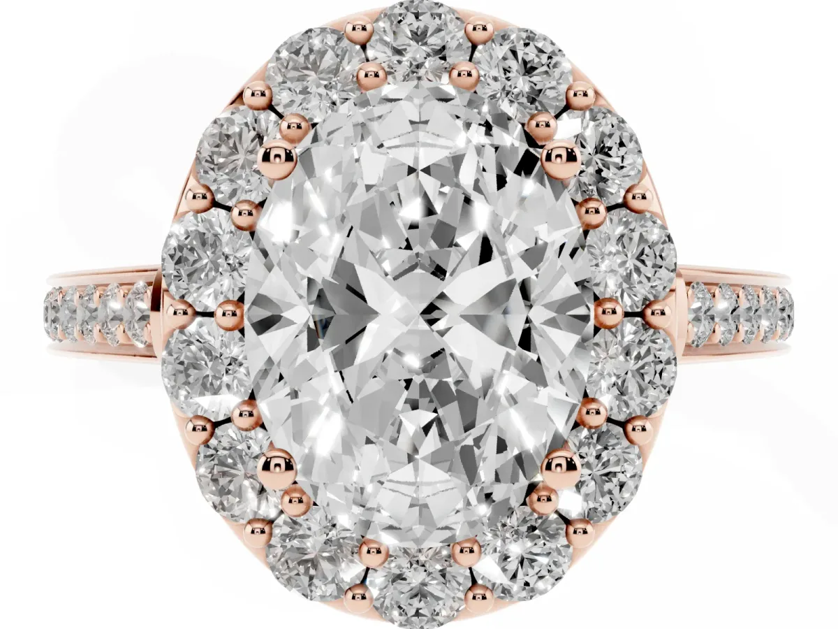 Oval Cut Diamond Floral Halo Ring with Pavé Band and Prong Setting Rose gold