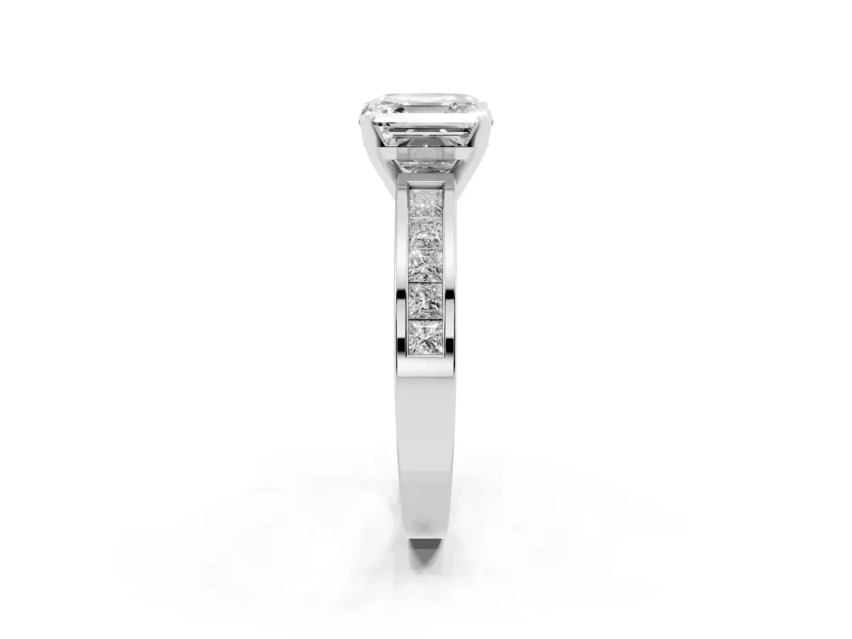 Asscher Cut Solitaire Diamond Ring with Channel-Set Band and Four-Prong Setting Silver
