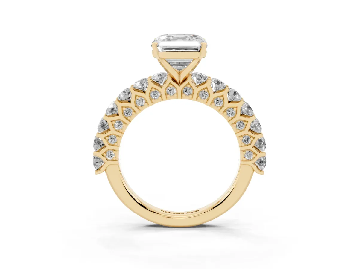 Asscher Cut Diamond Solitaire Ring with Shared Prong Pavé Band and Four-Prong Setting Yellow gold