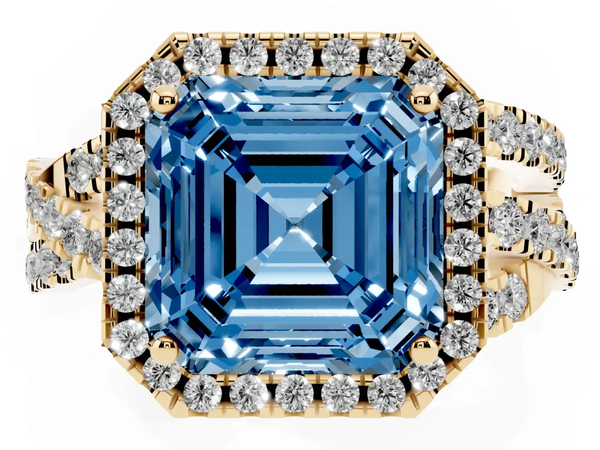 Fancy Blue Asscher Cut Diamond Halo Ring with Round Split Shank and Prong Setting Yellow gold