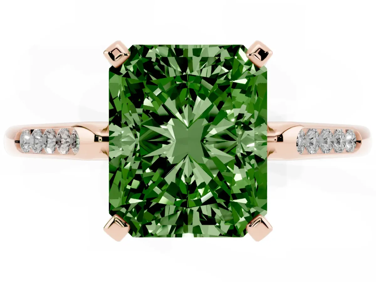 Fancy Green Radiant Cut Diamond Solitaire Ring with Channel Set Round Band and Prong Setting Rose gold