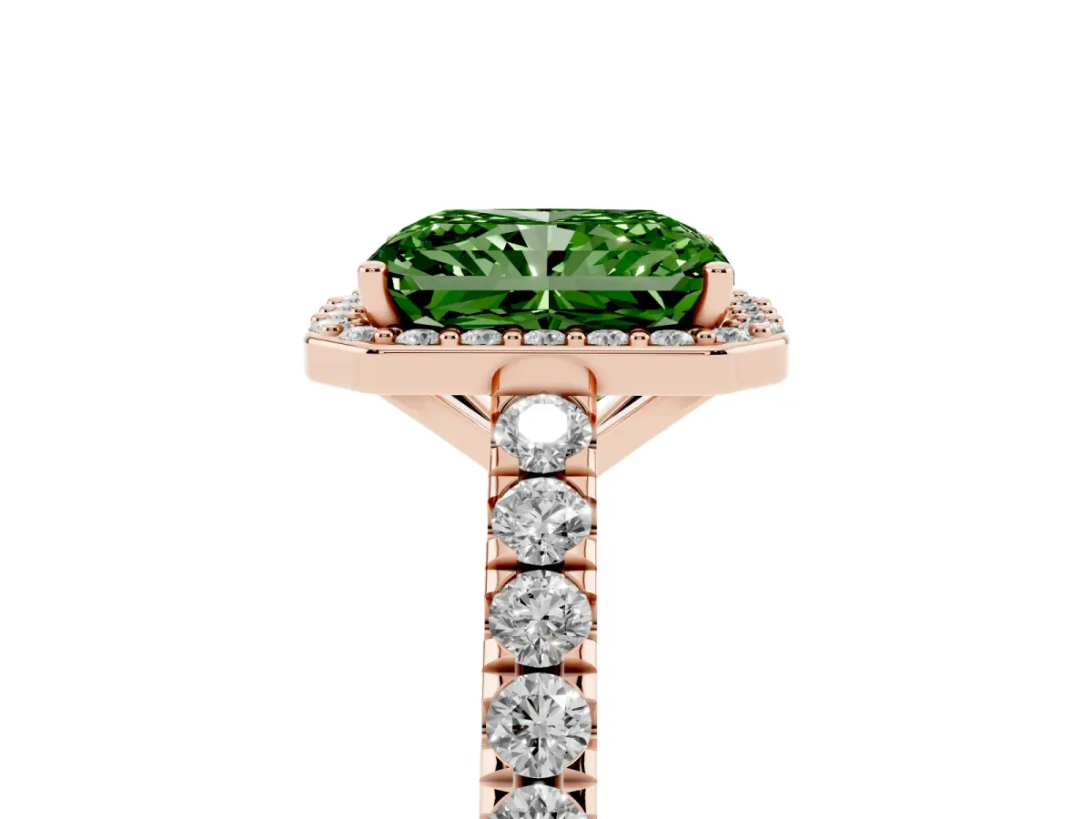 Fancy Green Radiant Cut Cut Halo Diamond Engagement Ring with Pave Band and Four-Prong Setting Rose gold