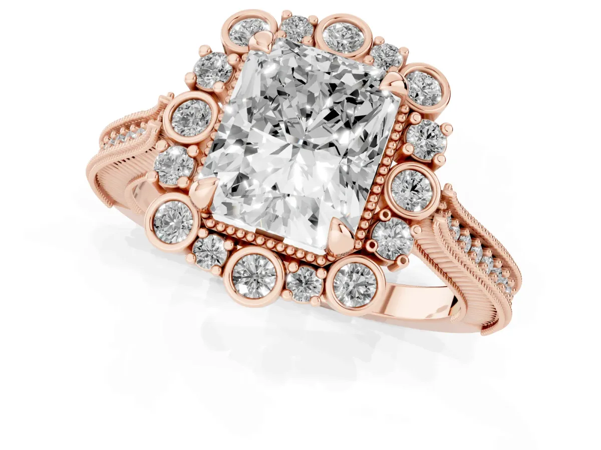 Radiant Cut Halo Milgrain Pave Diamond Ring with Four-Prong Setting Rose gold
