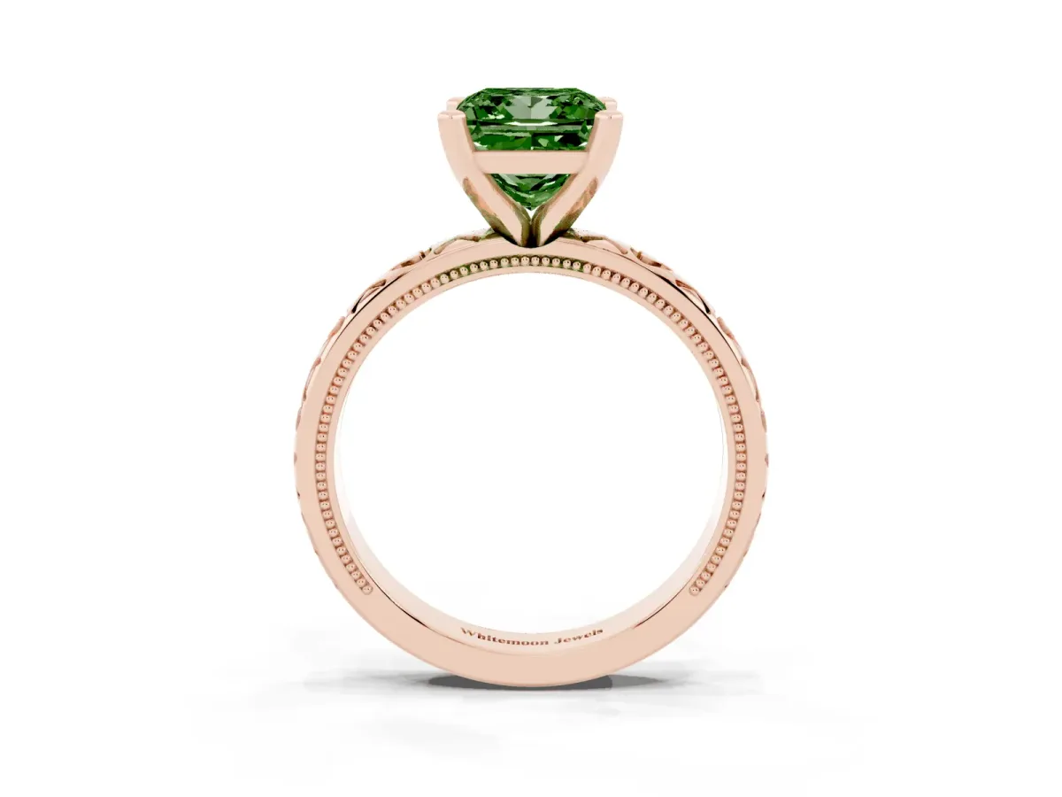 Fancy Green Princess Cut Solitaire Diamond Engagement Ring with XO Engraved Band and Four-Prong Setting Rose gold