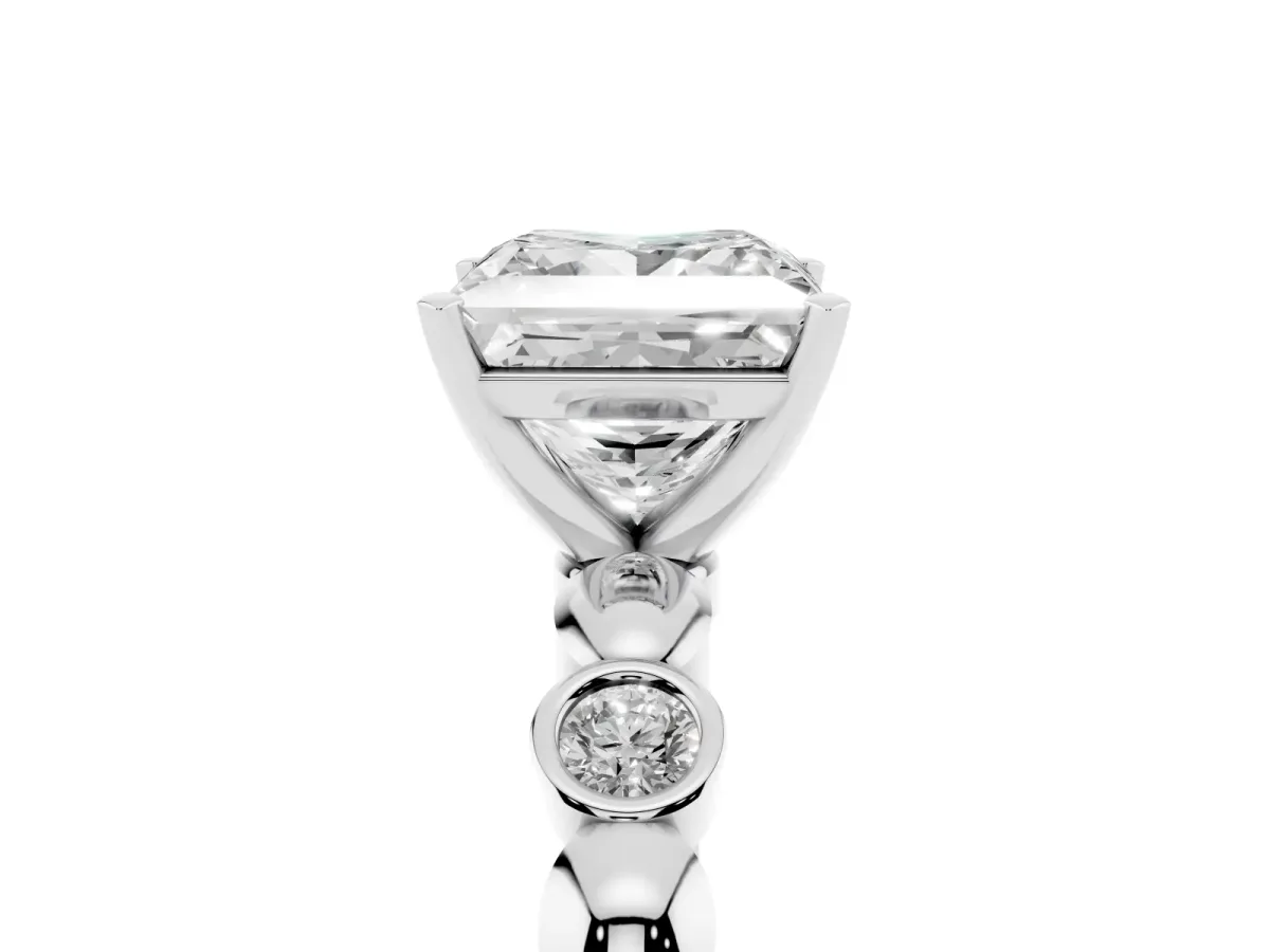 Princess Cut Solitaire Bezel-Set Diamond Ring with Beaded Band and Four-Prong Setting Silver