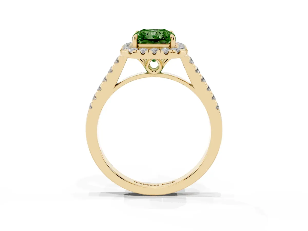 Fancy Green Radiant Cut Halo Pavé Diamond Engagement Ring with Four-Prong Setting Yellow gold