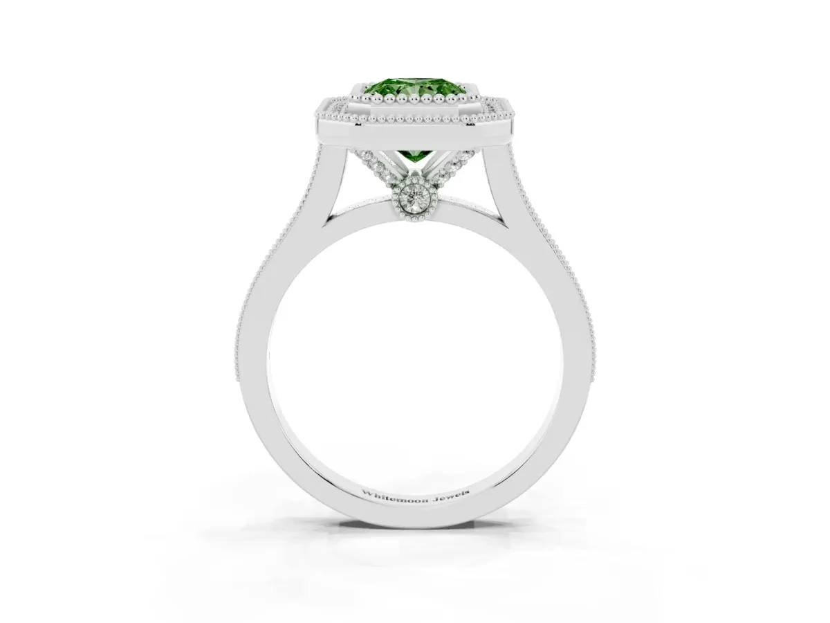 Fancy Green Radiant Cut Diamond Halo Ring with Milgrain Frame and Pavé Band White gold