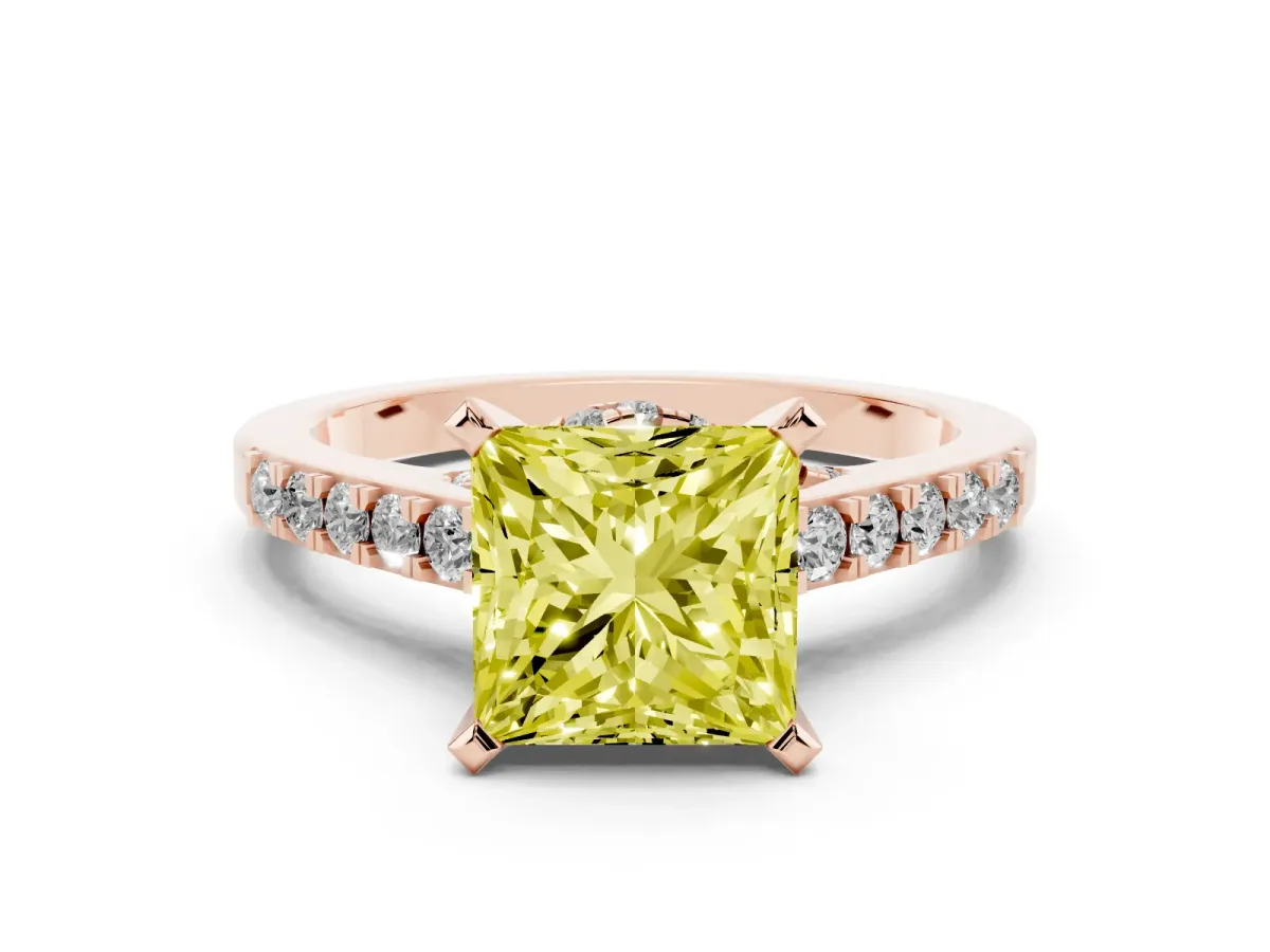 Fancy Yellow Princess Cut Diamond Solitaire Ring with Crossover Gallery and Round Pavé Band Rose gold