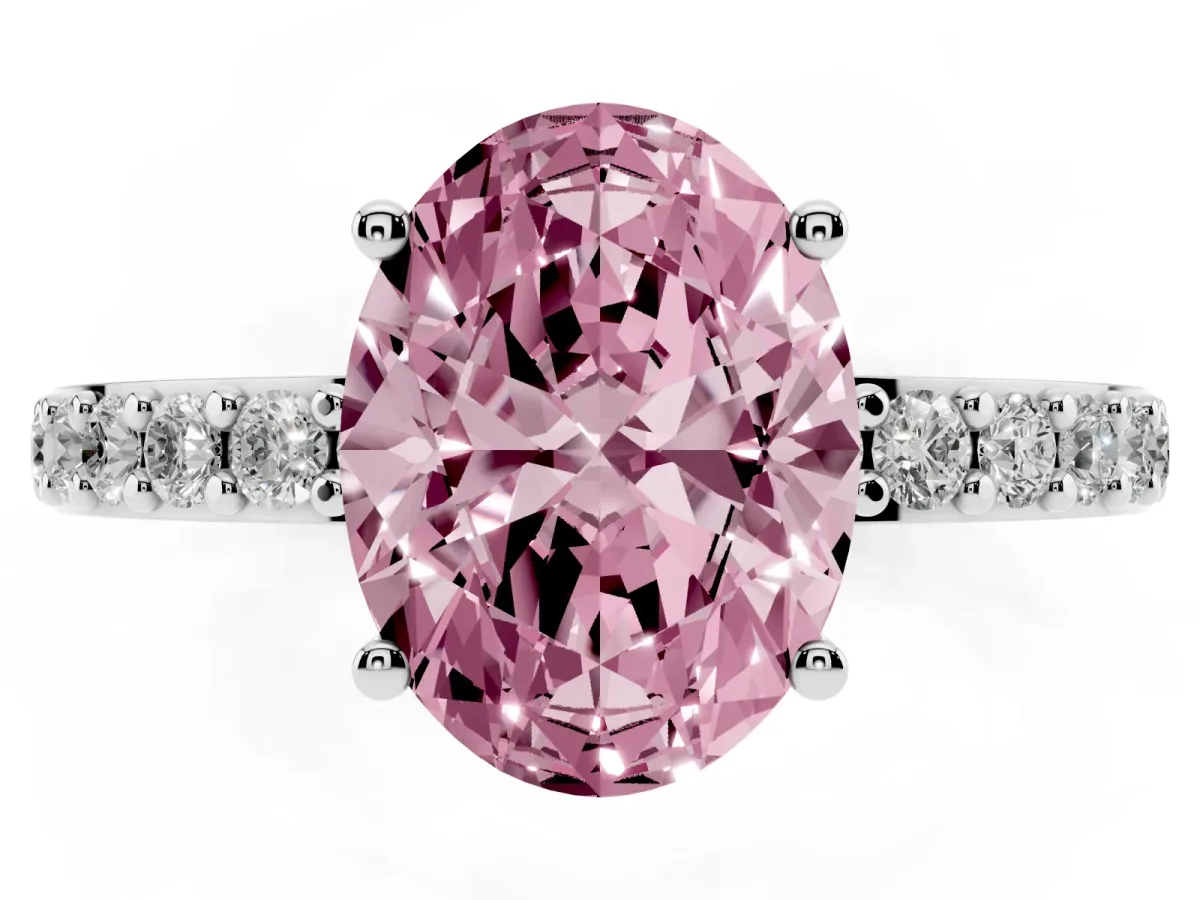 Fancy Pink Oval Cut Cut Diamond Solitaire with Pave Band and Four-Prong Setting Silver