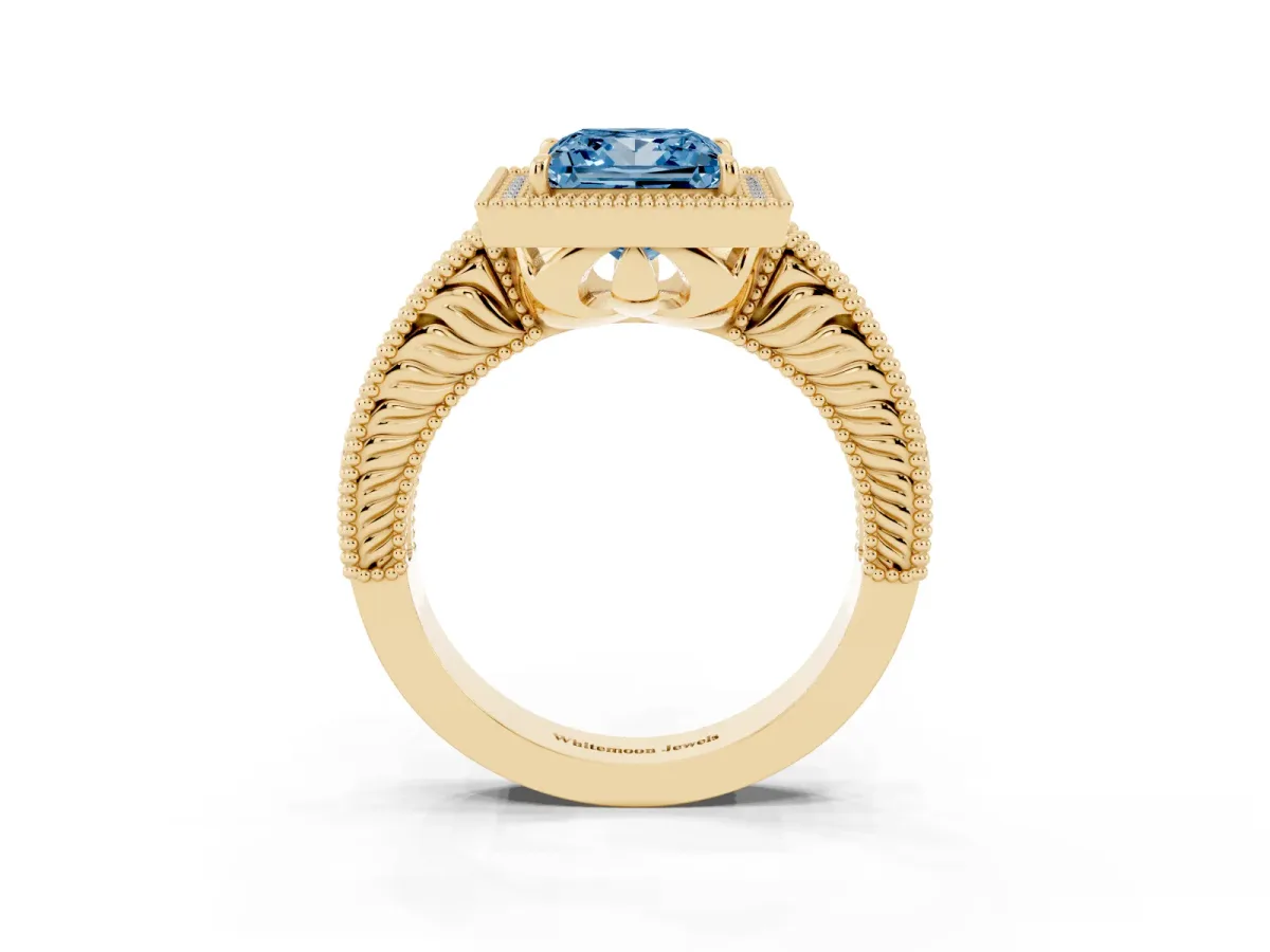 Fancy Blue Princess Cut Cut Halo Diamond Ring with Pavé Band and Four-Prong Setting Yellow gold