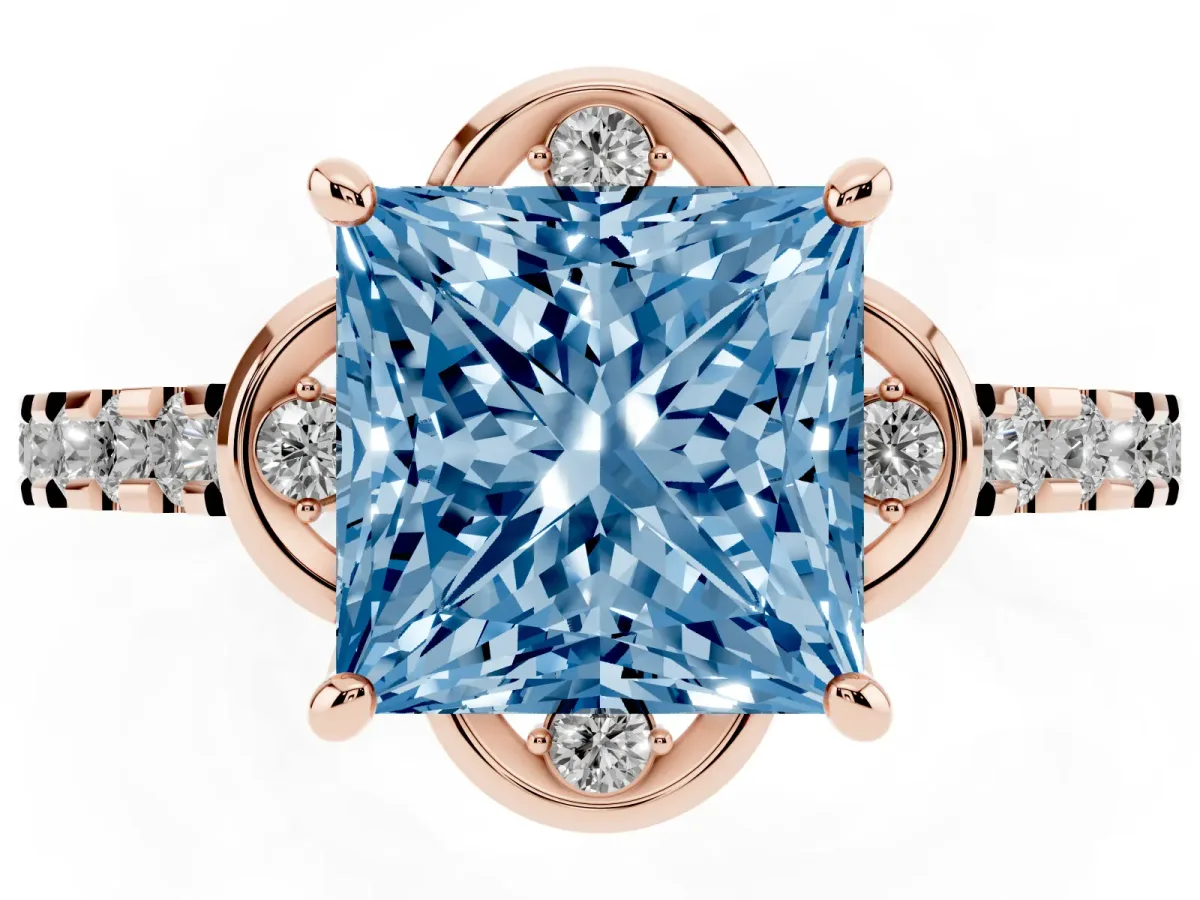 Fancy Blue Princess Cut Diamond Ring with Pavé Band and Floral Prong Setting Rose gold