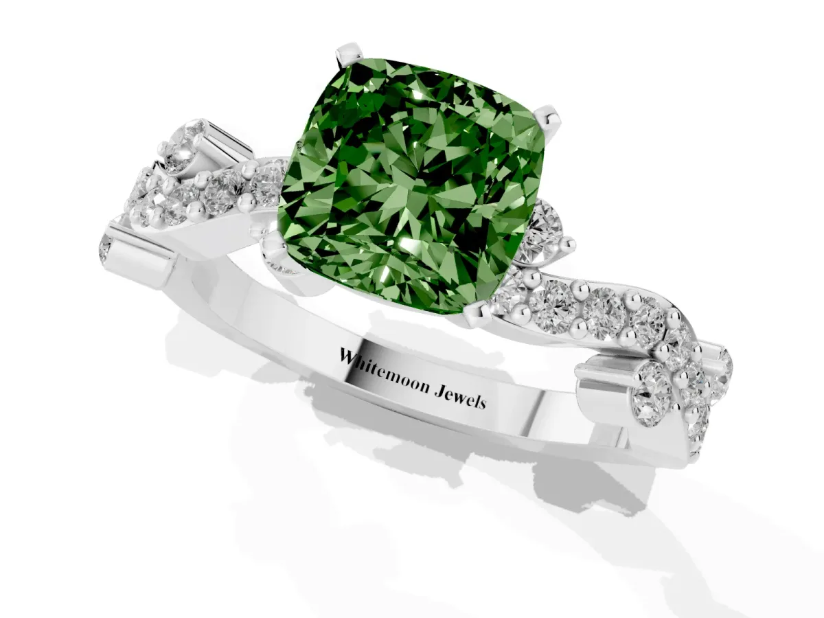 Fancy Green Cushion Cut Cut Solitaire Diamond Twisted Band with Pave Setting Silver