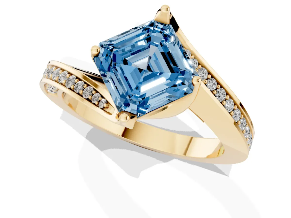 Fancy Blue Asscher Cut Solitaire Diamond Twist Band with Pavé Setting and Four-Prong Setting Yellow gold
