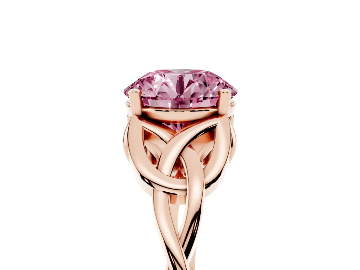 Fancy Pink Round Cut Diamond Solitaire Engagement Ring with Celtic Knot Band and Four-Prong Setting Rose gold