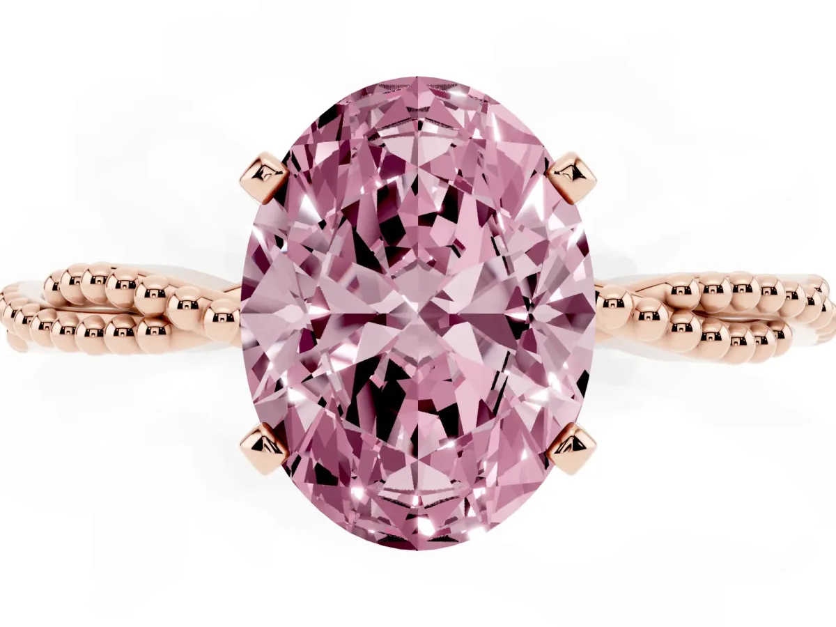 Fancy Pink Oval Cut Solitaire Twisted Band with Bead Prong Setting Rose gold