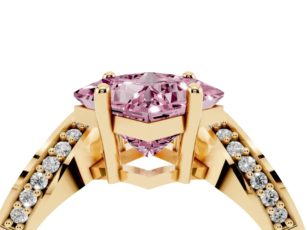 Fancy Pink Princess Cut Solitaire Diamond Engagement Ring with Pave Band and Four-Prong Setting Yellow gold
