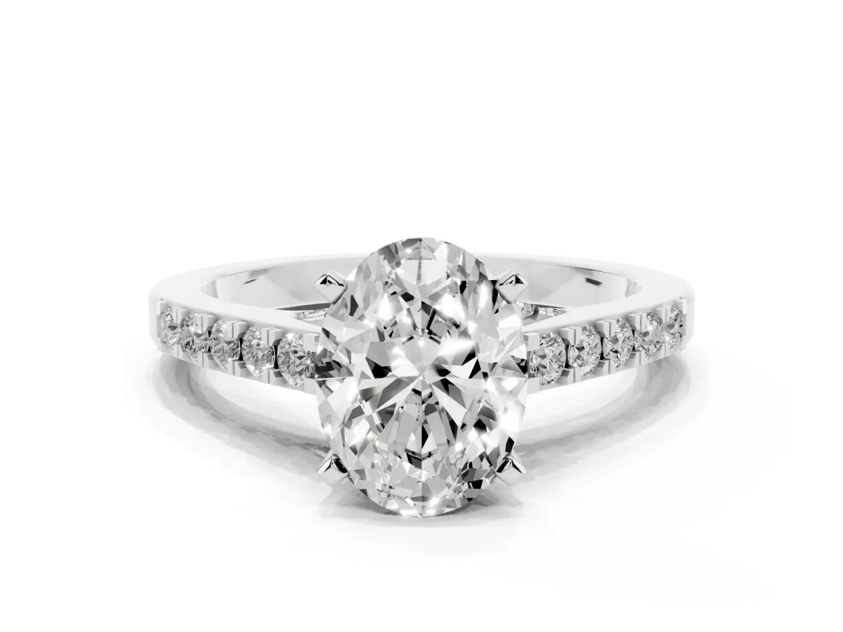 Oval Cut Diamond Solitaire Ring with Crossover Gallery and Round Pavé Band White gold