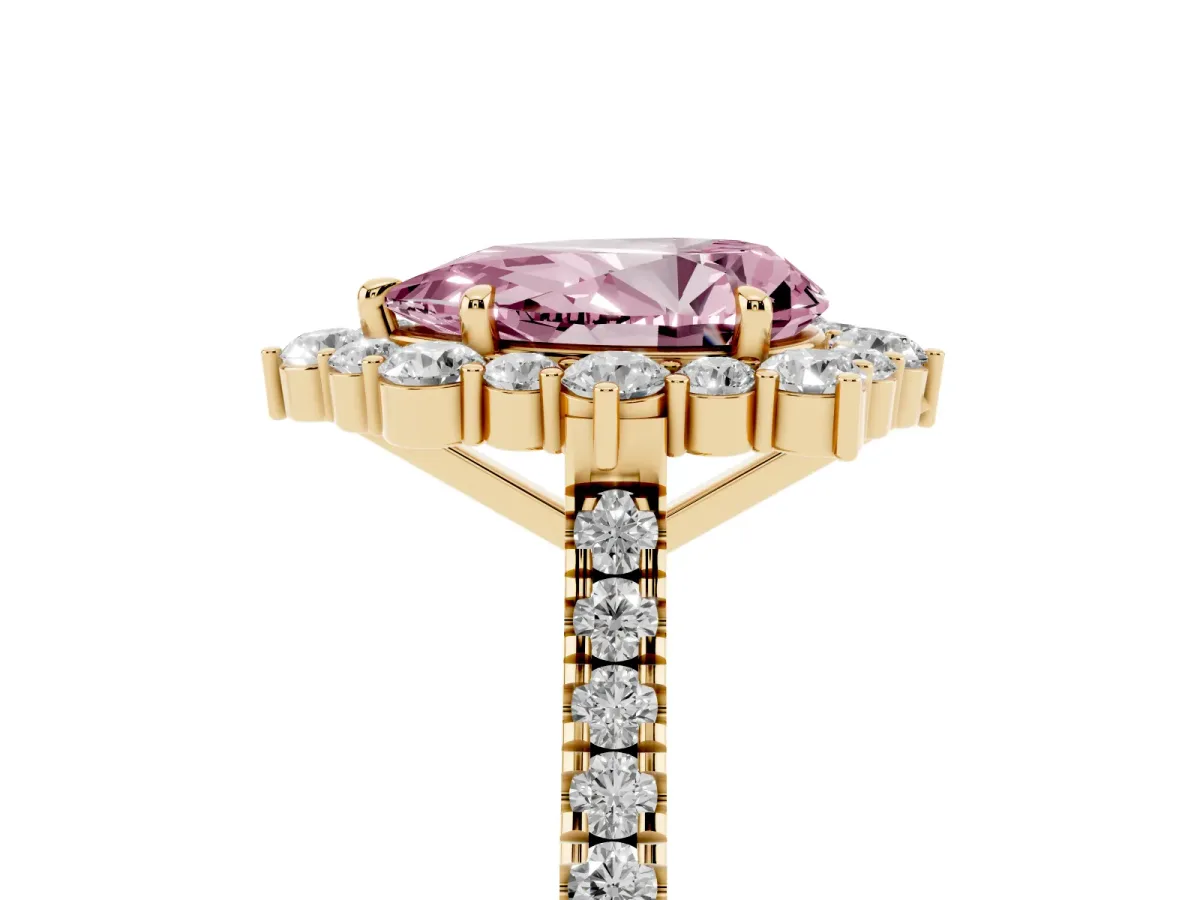Fancy Pink Pear Cut Halo Diamond Ring with Pavé Band and Prong Setting Yellow gold