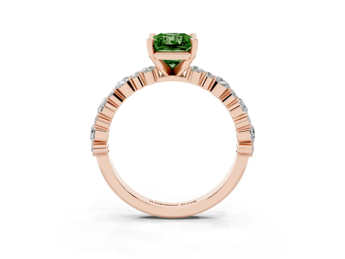 Fancy Green Radiant Cut Diamond Side Stone Solitaire Ring with Round and Four-Prong Setting Rose gold