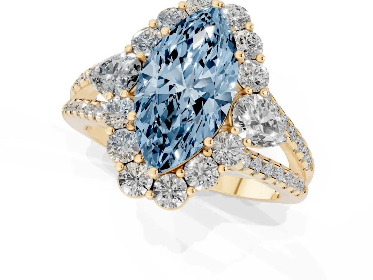 Fancy Blue Marquise Cut Halo Split Shank Diamond Engagement Ring with Prong Setting Yellow gold