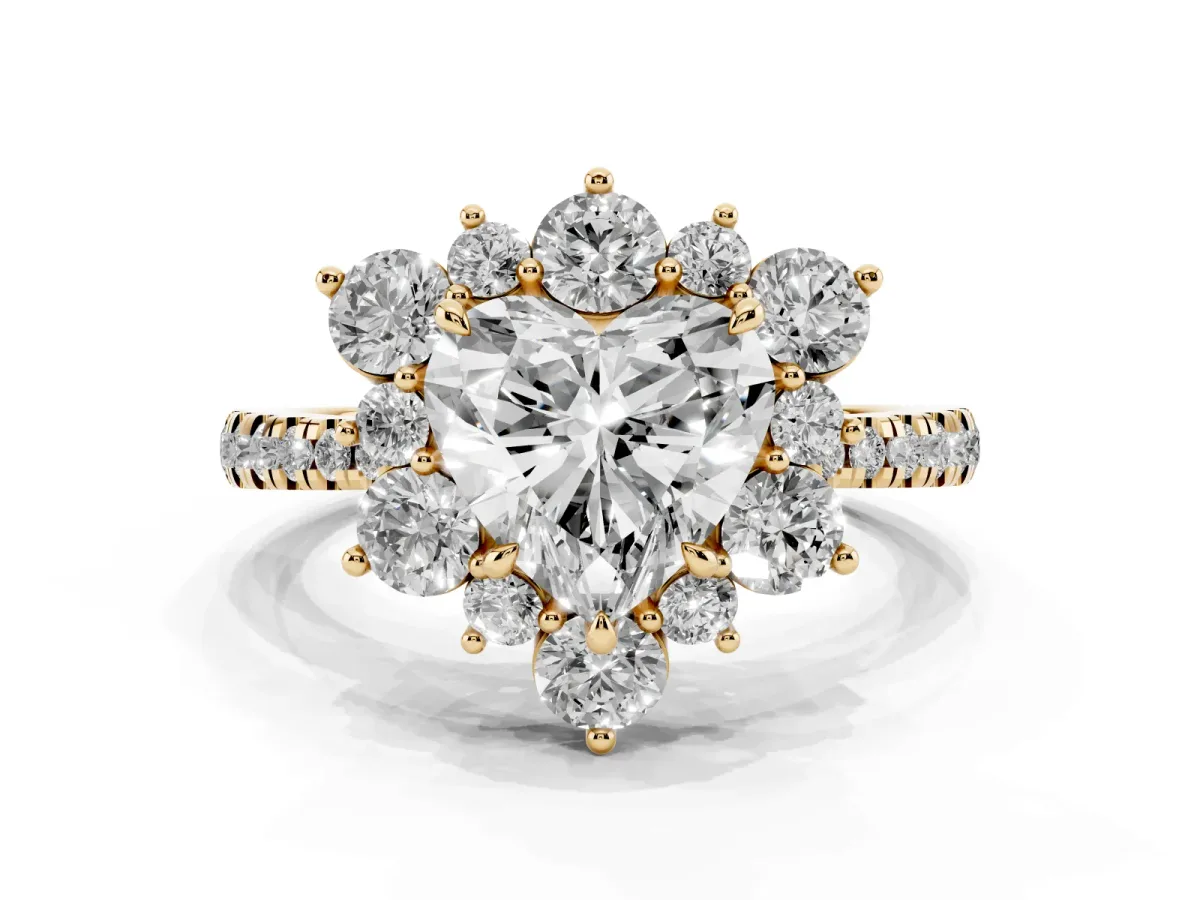 Heart Cut Diamond Floral Halo Ring with Round Pavé Band and Prong Setting Yellow gold