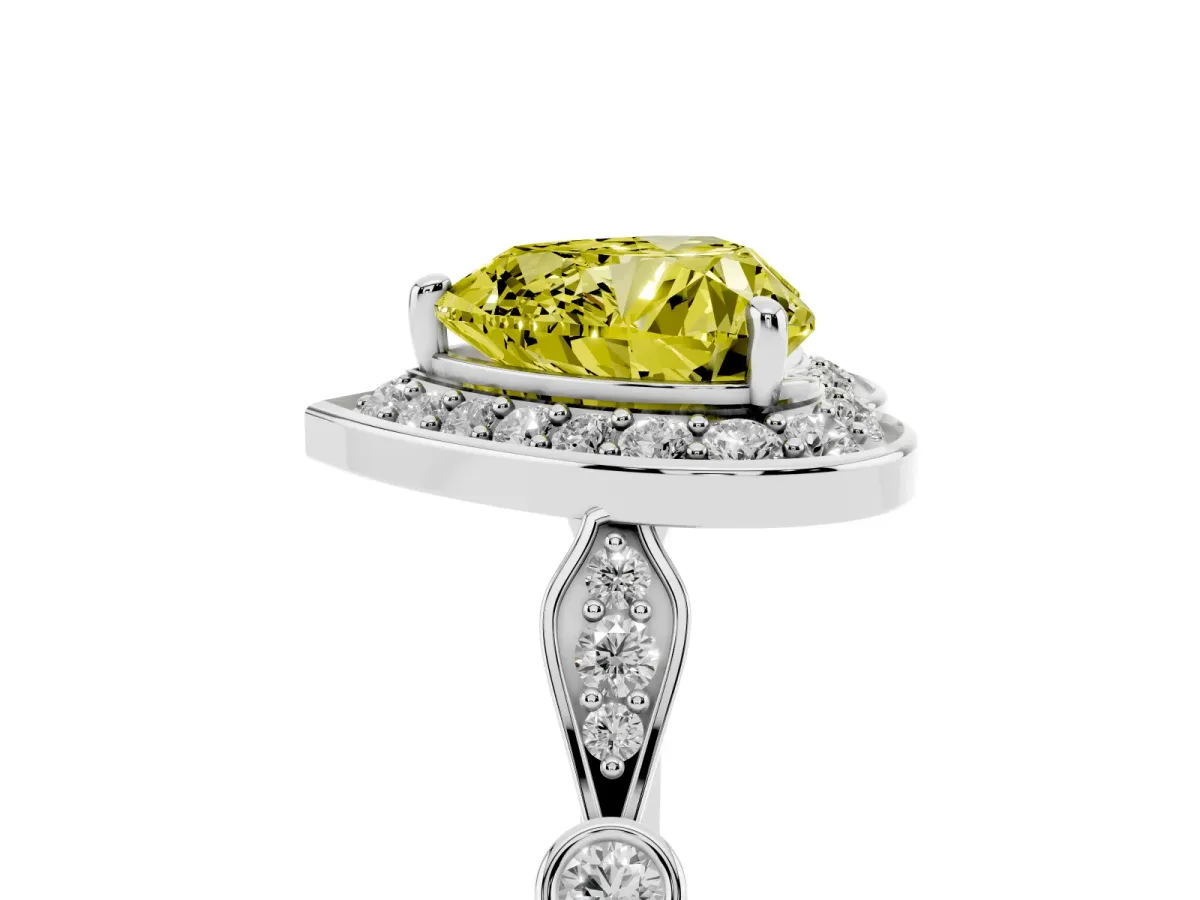 Fancy Yellow Heart Cut Halo Diamond Engagement Ring with Twisted Band and Four-Prong Setting Silver