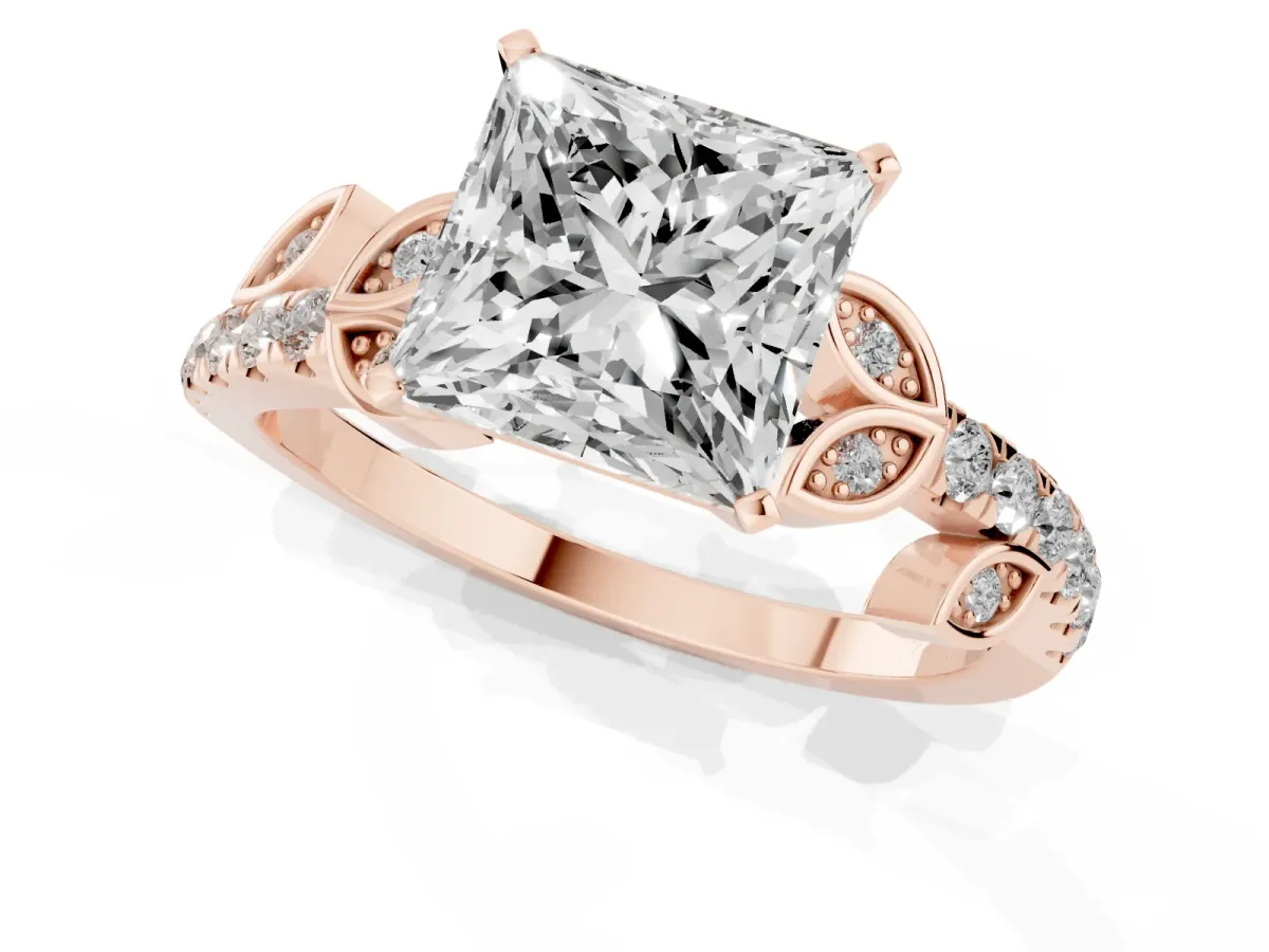 Princess Cut Solitaire Leaf-Inspired Diamond Ring with Pavé Band and Four-Prong Setting Rose gold
