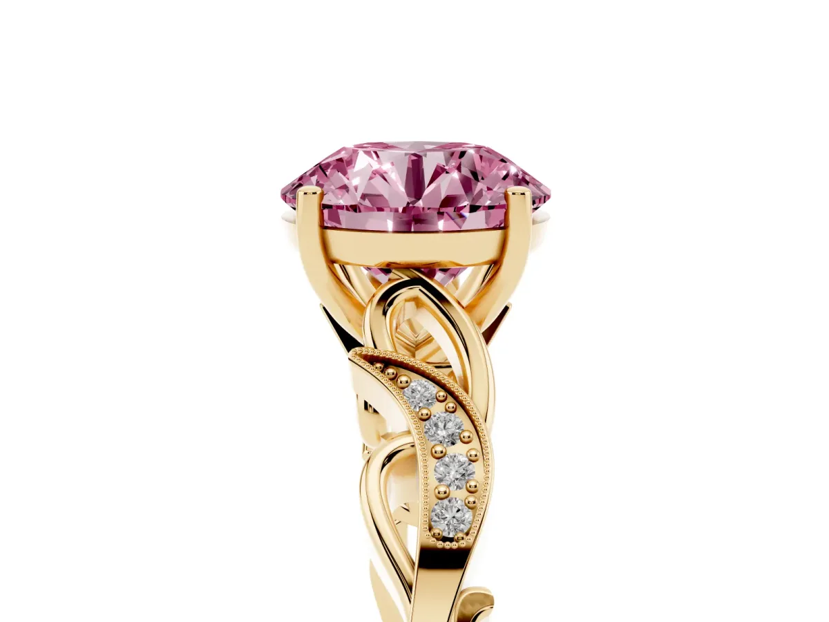 Fancy Pink Round Cut Solitaire Vine Band with Milgrain Prong Setting Yellow gold