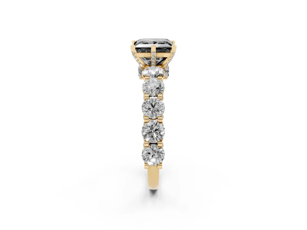 Fancy Black Princess Cut Diamond Side Stone Engagement Ring with Four-Prong Setting Yellow gold