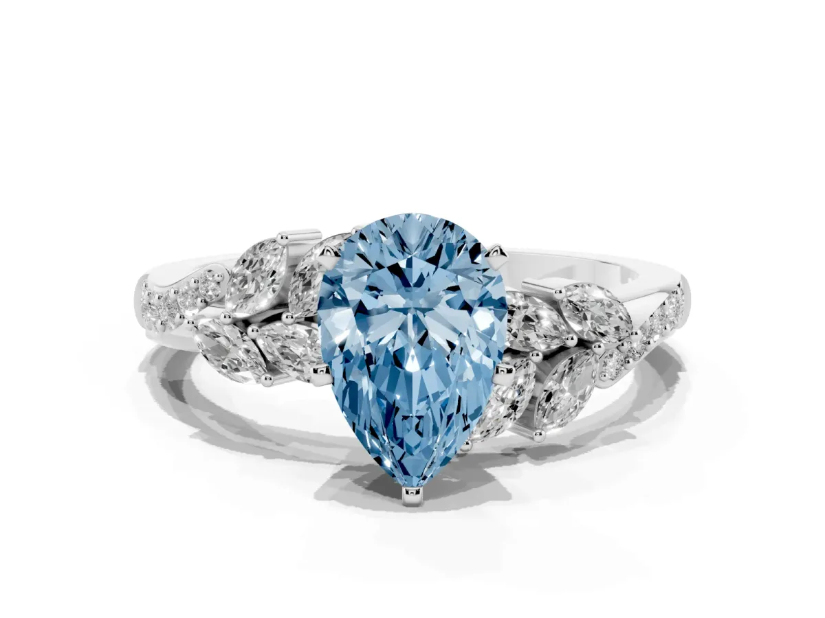 Fancy Blue Pear Cut Solitaire Marquise Twist Band with Six-Prong Setting Silver
