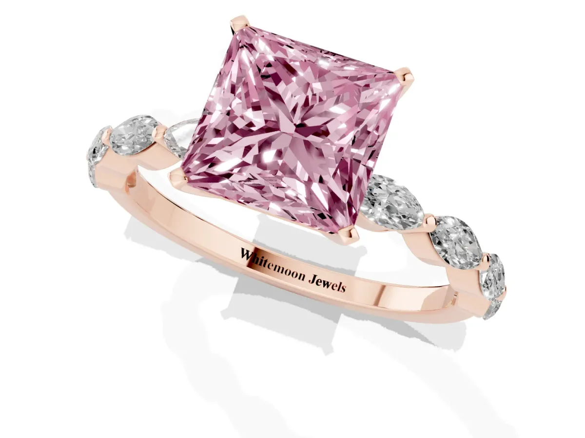 Fancy Pink Princess Cut Diamond Ring with Marquise Side Stones and Prong Setting Rose gold