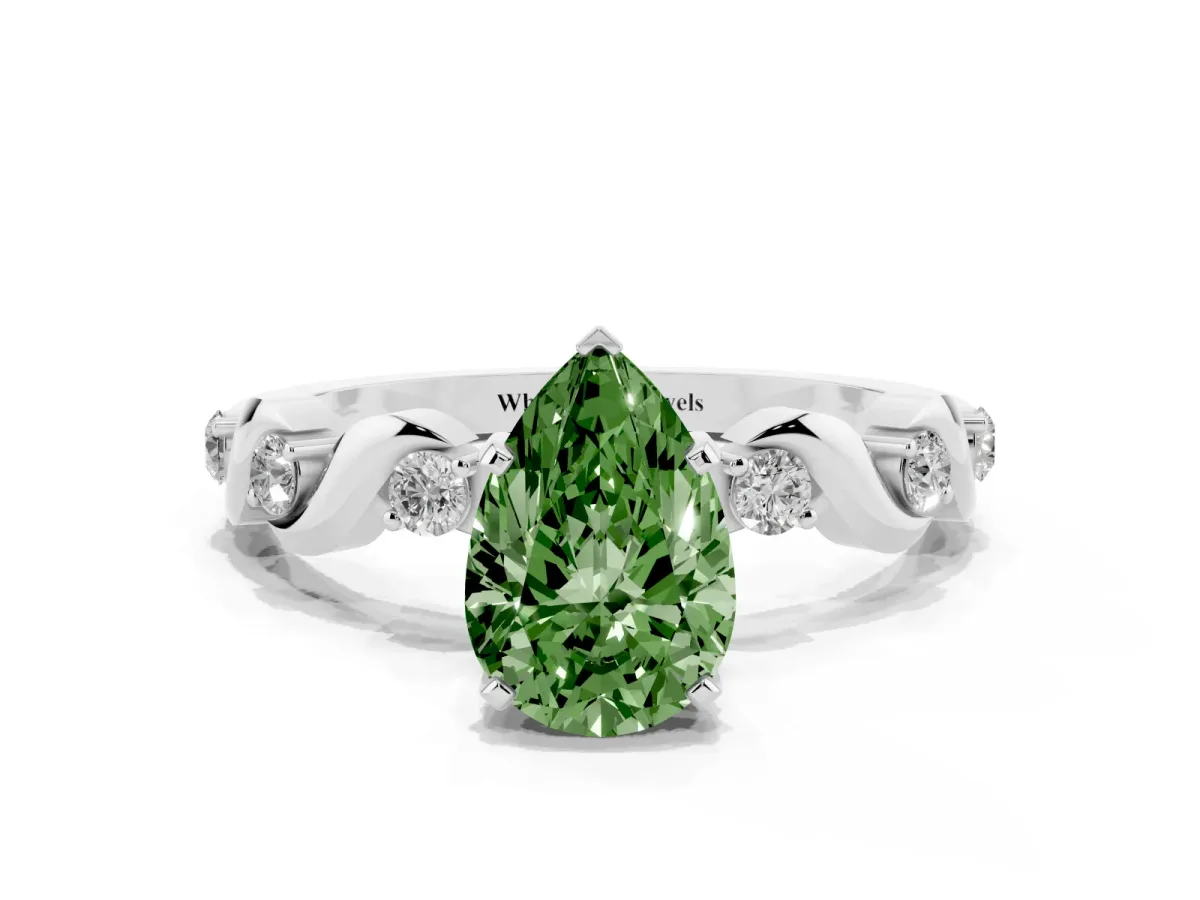 Fancy Green Pear Cut Diamond Solitaire Twisted Band with Round Accents and Prong Setting Platinum