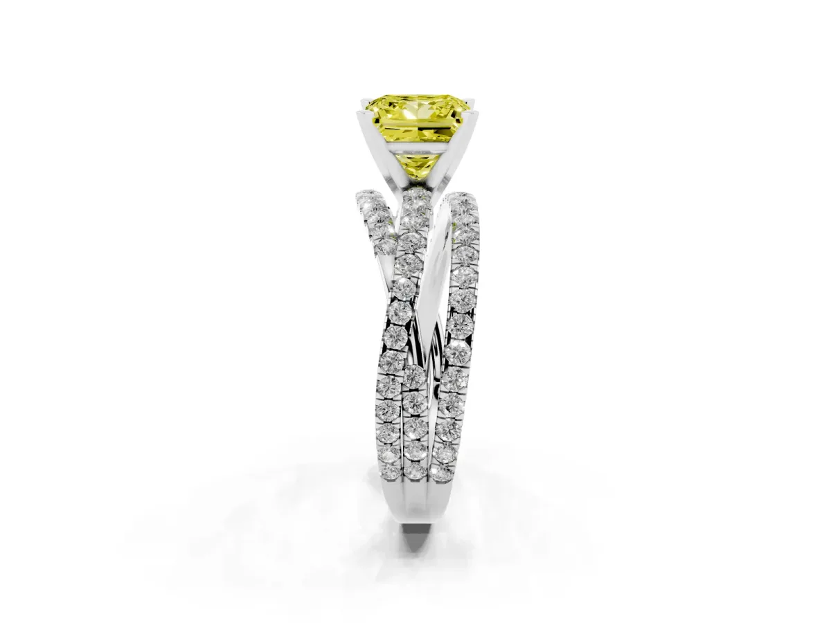 Fancy Yellow Princess Cut Solitaire Twist Band with Pavé Setting and Four-Prong Setting Silver