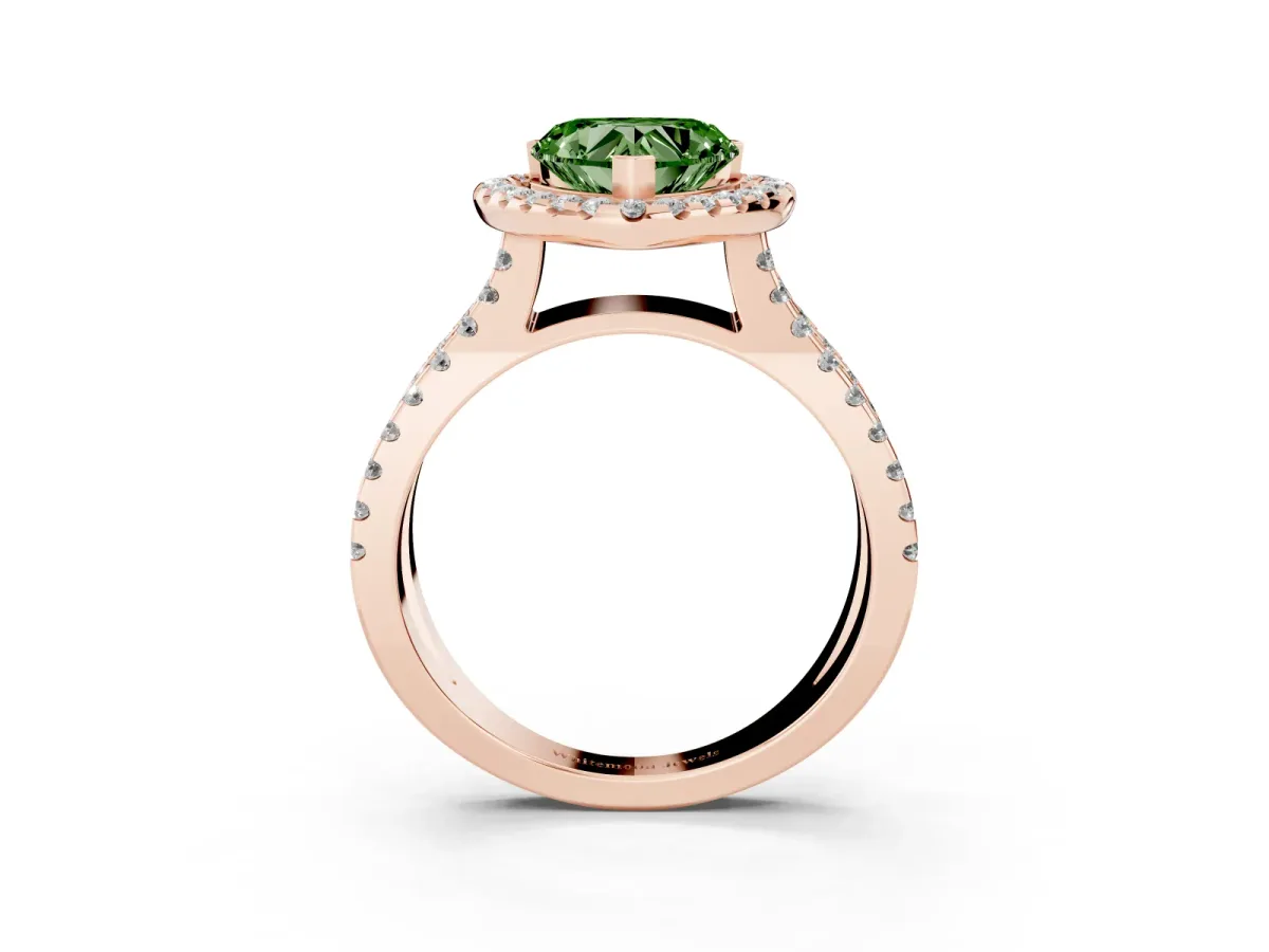 Fancy Green Heart Cut Diamond Halo Ring with Split Shank Pavé Band and Prong Setting Rose gold