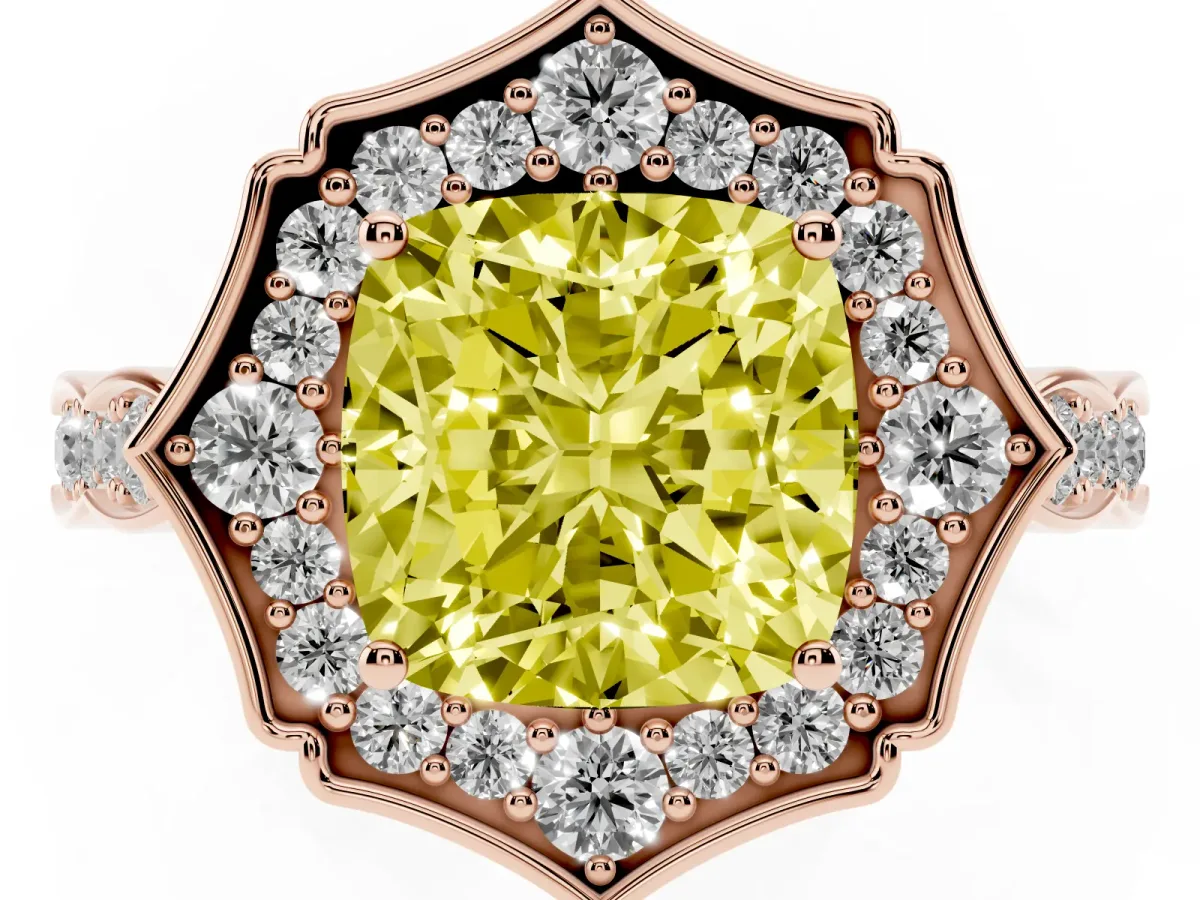 Fancy Yellow Cushion Cut Halo Diamond Engagement Ring with Milgrain Band and Four-Prong Setting Rose gold