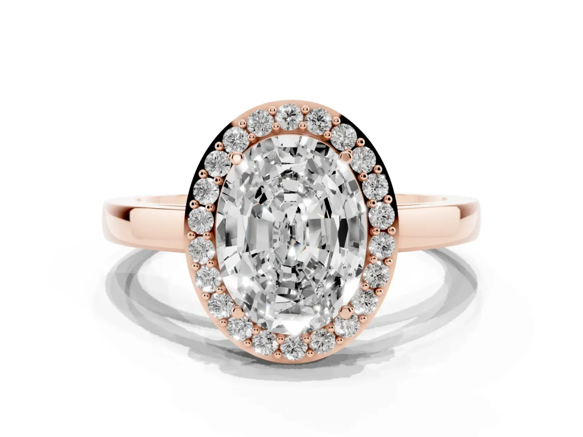 Oval Cut Halo Diamond Ring with Solitaire Band and Prong Setting Rose gold