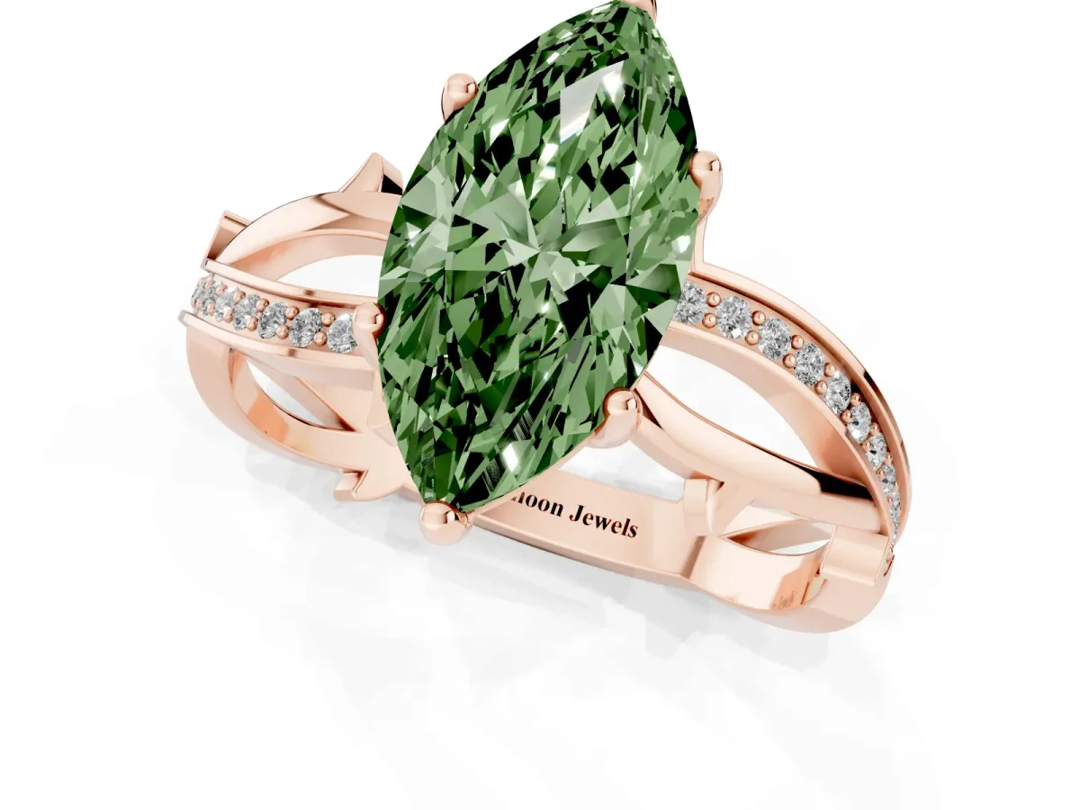 Fancy Green Marquise Cut Solitaire Twist Band with Pavé Accents and Four-Prong Setting Rose gold