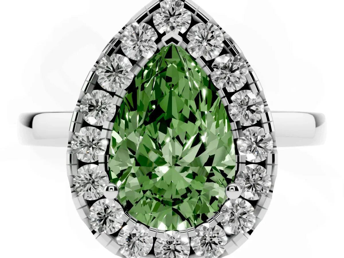 Fancy Green Pear Cut Halo Diamond Solitaire with Pavé Band and Four-Prong Setting Silver