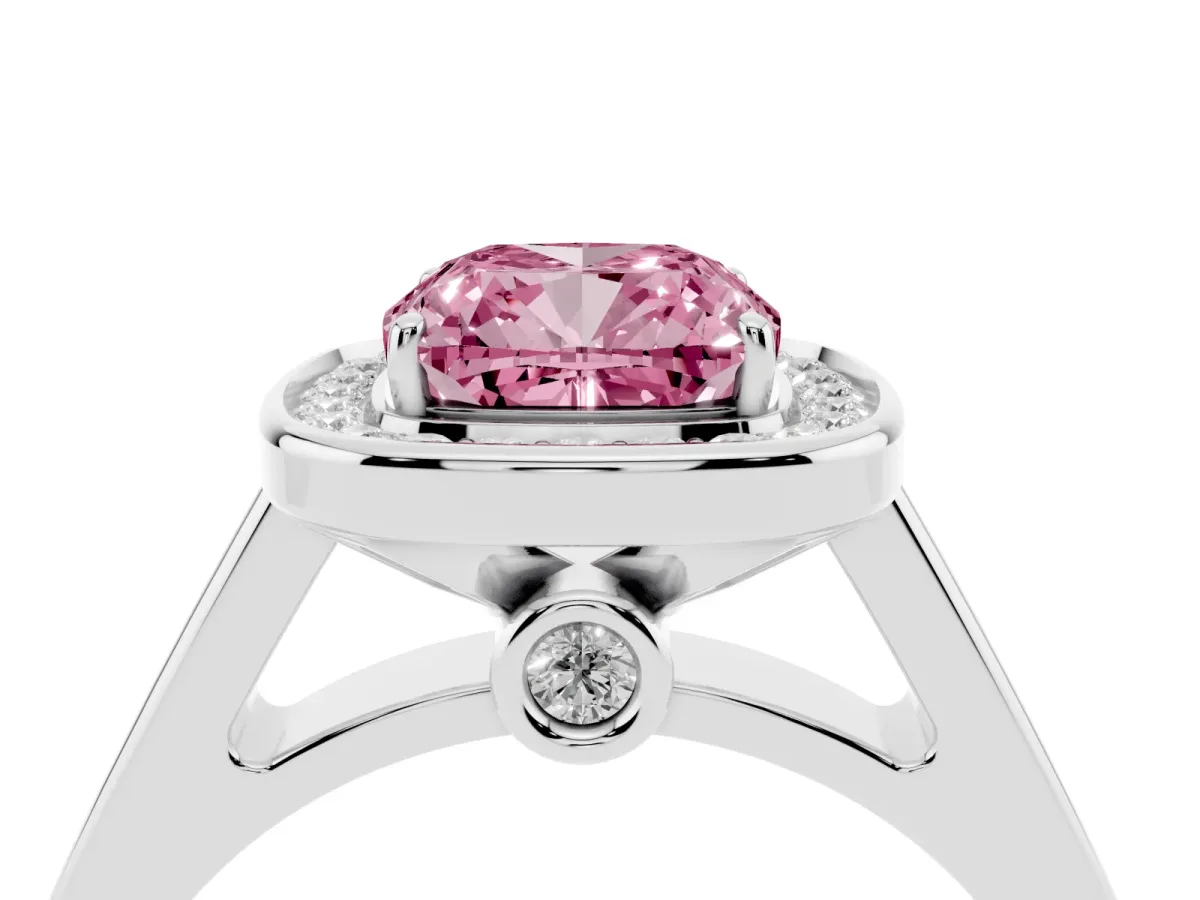 Fancy Pink Cushion Cut Halo Solitaire Diamond Ring with Pave Band and Bezel Setting Platinum