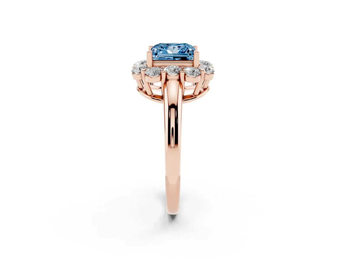 Fancy Blue Princess Cut Halo Milgrain Solitaire with Bezel Set Side Stones and Pave Band Rose gold