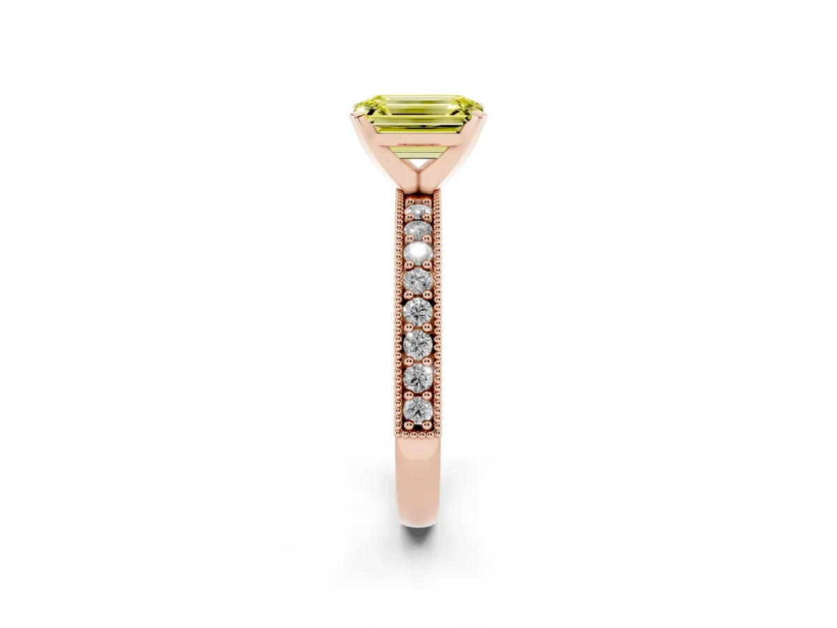 Fancy Yellow Emerald Cut Diamond Milgrain Pavé Engagement Ring with Four-Prong Setting Rose gold