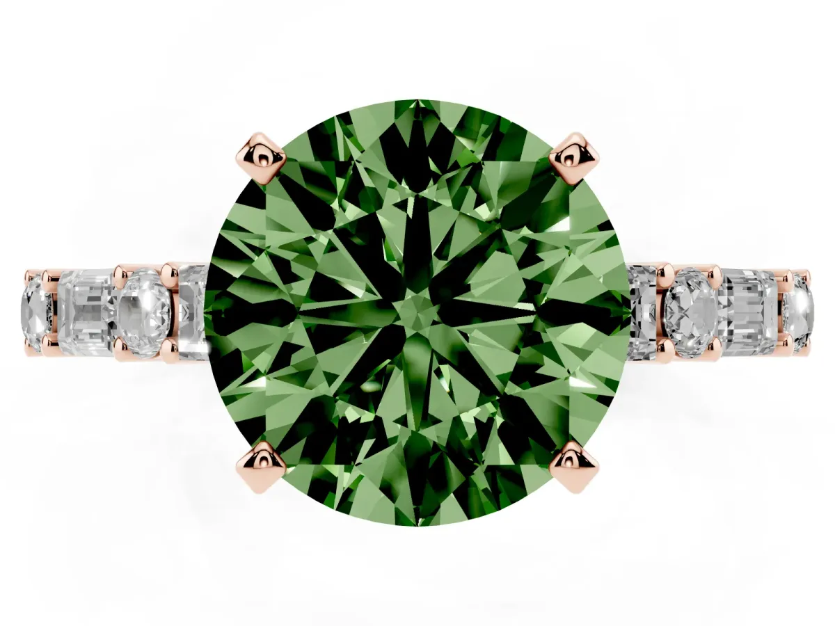Fancy Green Round Cut Diamond Solitaire with Side Baguettes and Channel Set Band Rose gold