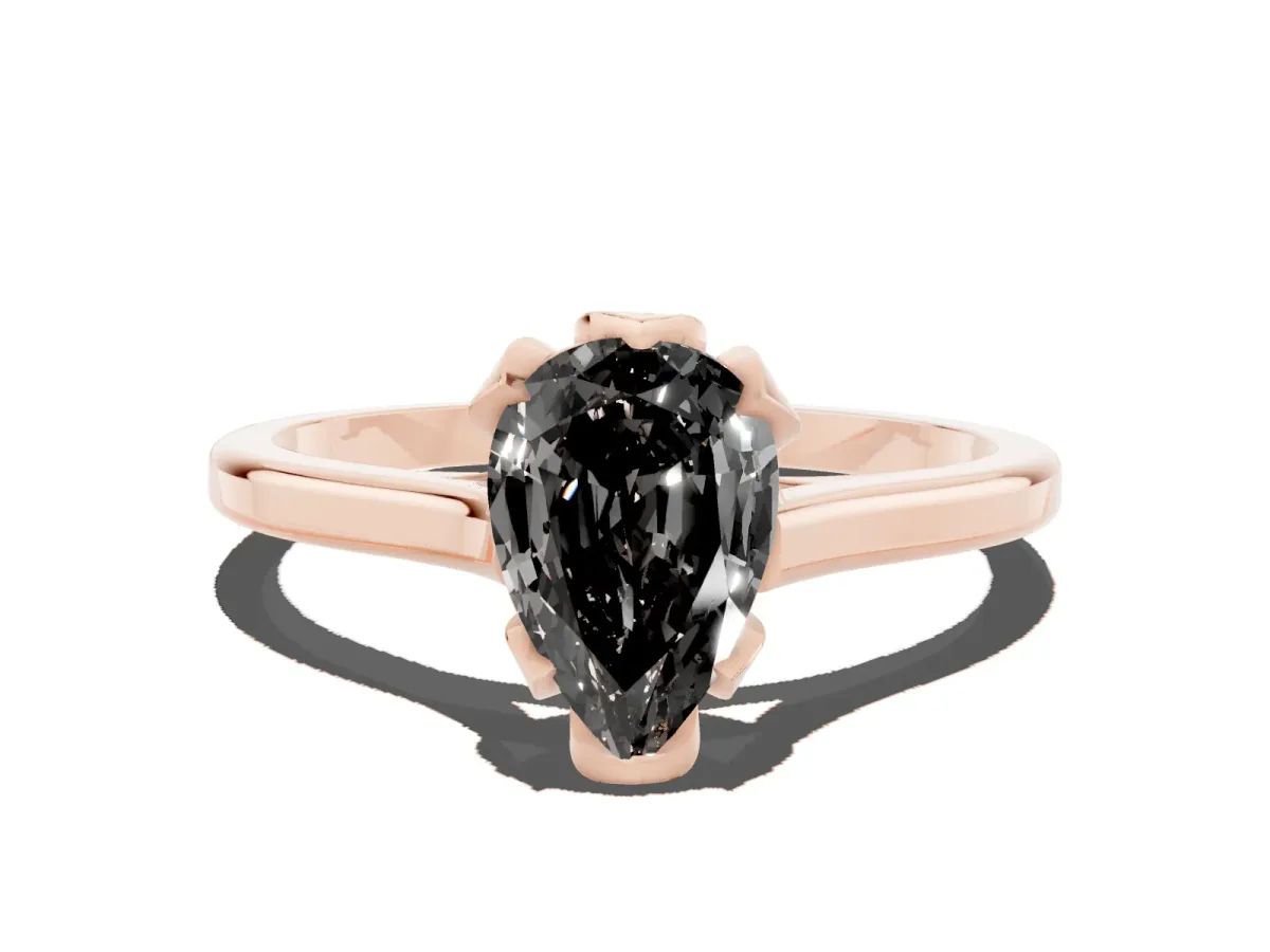 Fancy Black Pear Cut Diamond Solitaire Ring with Flower Prong Setting and Classic Band Rose gold