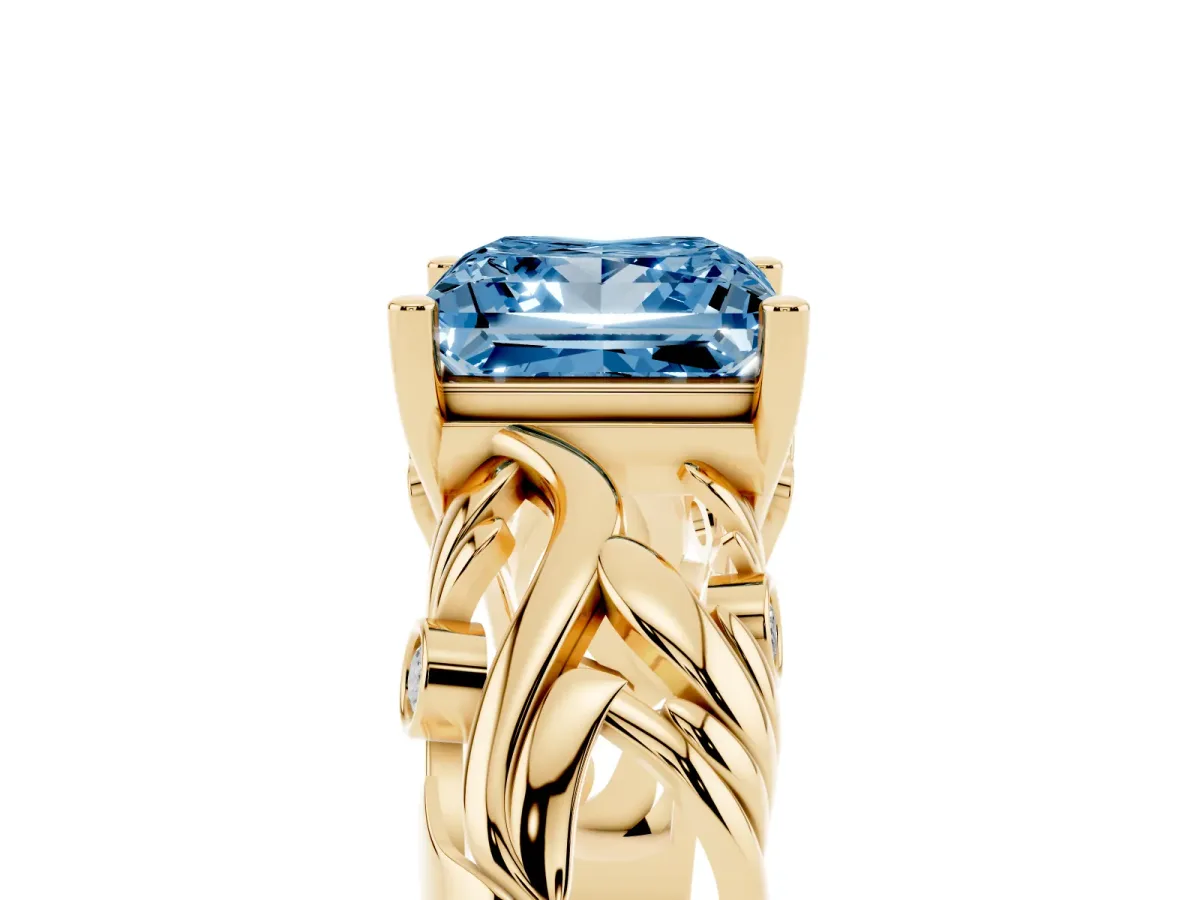 Fancy Blue Princess Cut Solitaire Diamond Leaf-Inspired Vine Band Ring with Prong Setting Yellow gold