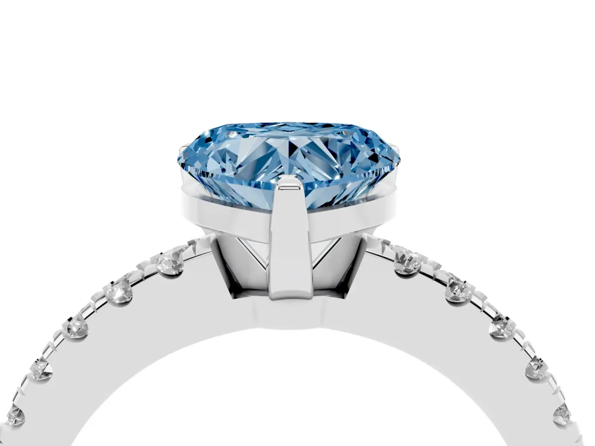 Fancy Blue Heart Cut Solitaire Diamond with Pavé Band and Four-Prong Setting Silver